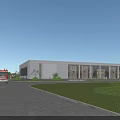 Modern Industrial Factory Building With Glass Curtain Walls Landscaped Areas And Truck On Roadway