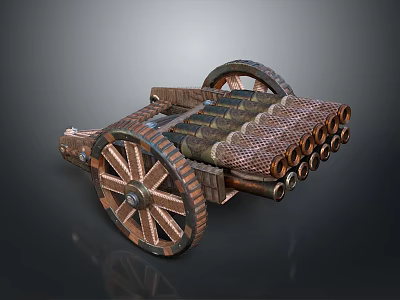 Ancient Historical Wooden Cannon Cart With Large Wheels And Multiple Barrels 3d model