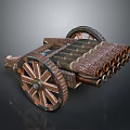 Ancient Historical Wooden Cannon Cart With Large Wheels And Multiple Barrels
