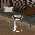 Stylish Indoor Bench With Various Pillows Round Side Table Near Window Blinds On Wooden Floor