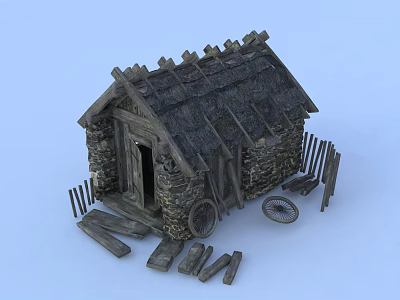 Wooden Cabin Built with Stone and Wood Featuring Thatched Roof and Wooden Fence Wheel Planks 3d model