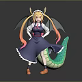 Cute Child Dragon Girl With Yellow Horns Twintails Blue Dress And Green Tail