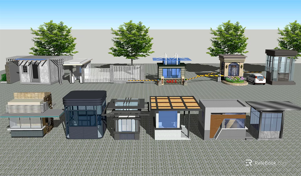 Various Designed Outdoor Kiosks and Pavilions with Trees on Paved Ground 3d model 
