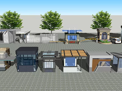 Various Designed Outdoor Kiosks and Pavilions with Trees on Paved Ground 3d model
