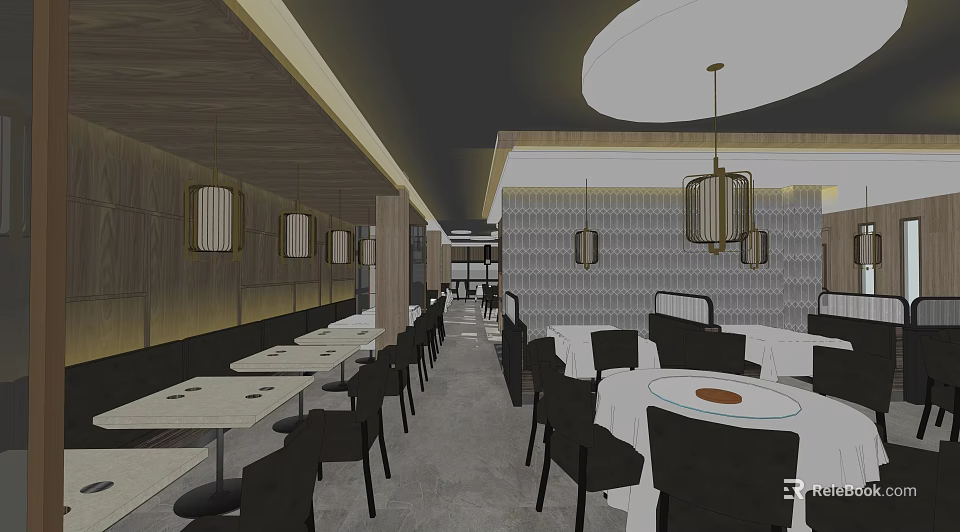 Modern Restaurant Interior With White Tablecloths Black Chairs Wooden Walls And Hanging Lanterns 3d model 