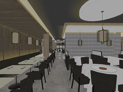 Modern Restaurant Interior With White Tablecloths Black Chairs Wooden Walls And Hanging Lanterns 3d model