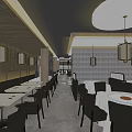 Modern Restaurant Interior With White Tablecloths Black Chairs Wooden Walls And Hanging Lanterns