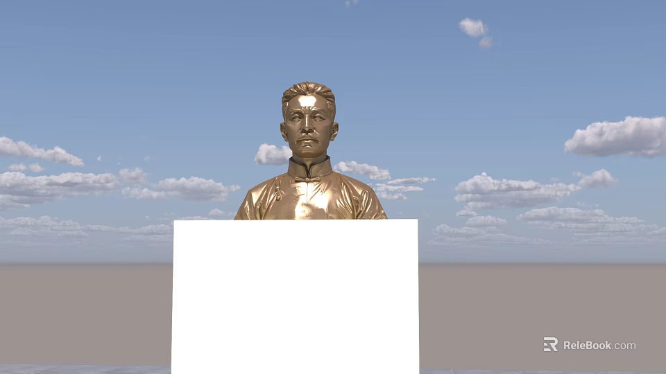 Golden Figure Bust Landscape Sculpture With White Blank Plaque Against Blue Sky And Clouds 3d model 