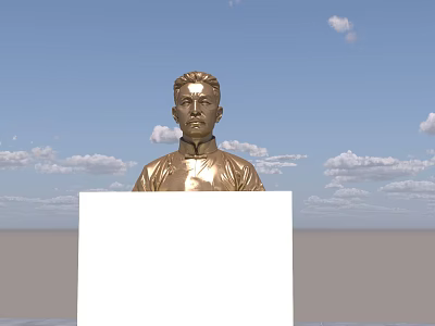 Golden Figure Bust Landscape Sculpture With White Blank Plaque Against Blue Sky And Clouds 3d model