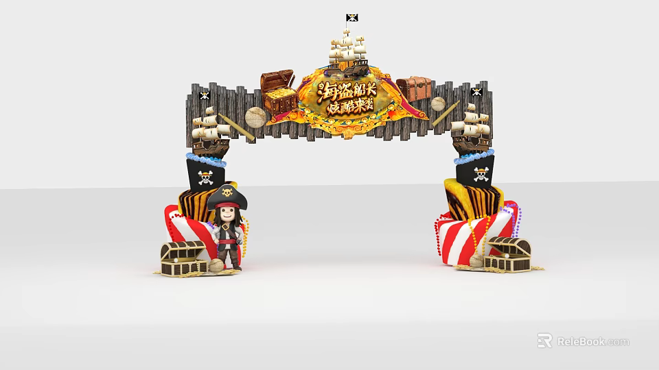 Pirate Themed Arch Decoration With Ship Model Pirate Characters And Flags 3d model