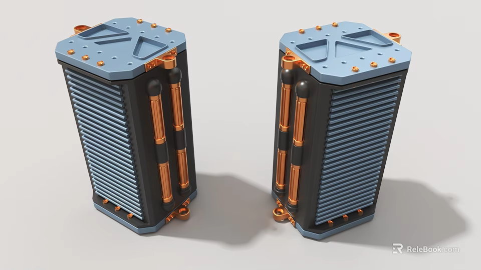 Heavy Duty Industrial Heat Exchangers With Blue Casing Orange Pipes And Square Top Bolts 3d model 