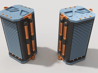 Heavy Duty Industrial Heat Exchangers With Blue Casing Orange Pipes And Square Top Bolts 3d model