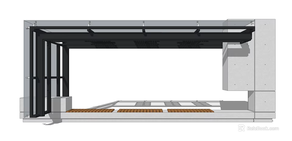 Outdoor Modern Pergola With Metal Roof Support Beams And Wooden Deck Floor 3d model 