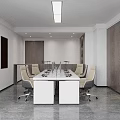 Modern Office Interior Design With Desk Chairs Sofa Wooden Bookshelves Pendant Lights And Green Plant
