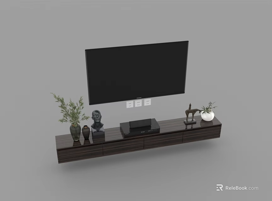 Minimalist Dark Wood TV Stand Featuring Flat Screen TV Decorative Plants Statue And Vase 3d model 