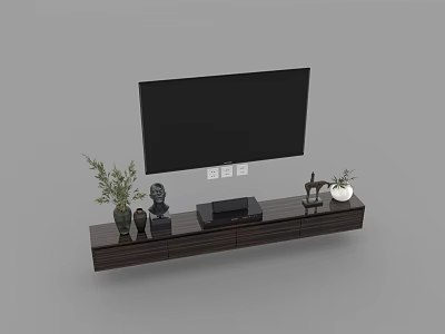 Minimalist Dark Wood TV Stand Featuring Flat Screen TV Decorative Plants Statue And Vase 3d model