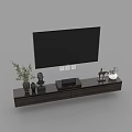 Minimalist Dark Wood TV Stand Featuring Flat Screen TV Decorative Plants Statue And Vase