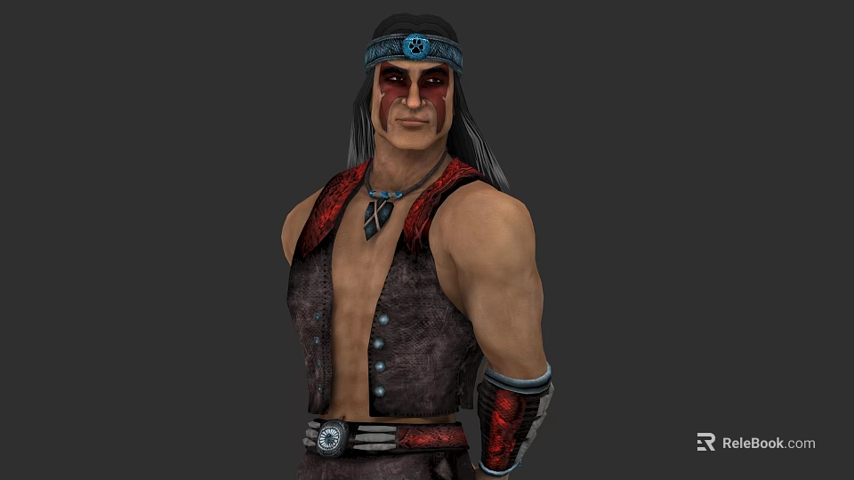 Game and Movie Character With Long Hair Blue Headband Red Face Paint and Leather Vest 3d model 