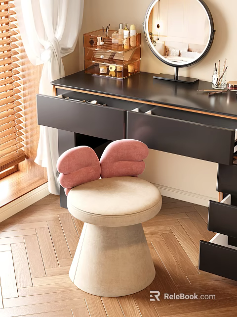 Pink Backrest Sofa Stool With Beige Cushion And Black Vanity In Wooden Floor Room 3d model 