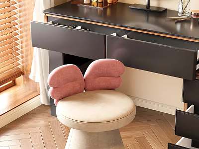 Pink Backrest Sofa Stool With Beige Cushion And Black Vanity In Wooden Floor Room 3d model