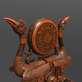 Traditional Musical Instrument With Twin Bird Carved Stands And Ornate Painted Drum Base