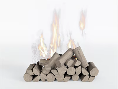 Natural Stone Wood Pile With Flames Burning Brightly Against White Background 3d model