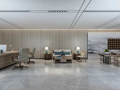 Modern Office Interior With Wooden Panel Walls Executive Desk Leather Sofa And Landscape Painting 3d model