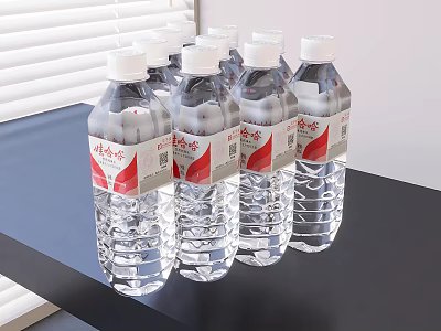 Clear Mineral Water Bottles Arranged on Black Table with Window Blinds Background 3d model