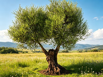 Ancient Olive Tree With Lush Foliage In Green Grassland Under Blue Sky And Distant Mountains 3d model