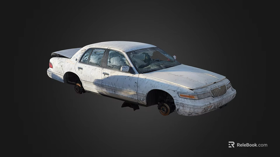 Old White Worn Out Car With Stains And Rust On Dark Background 3d model