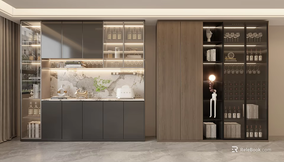 Modern Living Room Wine Cabinet With Glass Doors LED Lighting And Wine Racks 3d model 