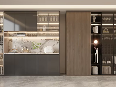 Modern Living Room Wine Cabinet With Glass Doors LED Lighting And Wine Racks 3d model