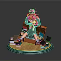Girl With Pink Hair Green Eyes Sitting On Orange Bookshelf With Little Green Bird