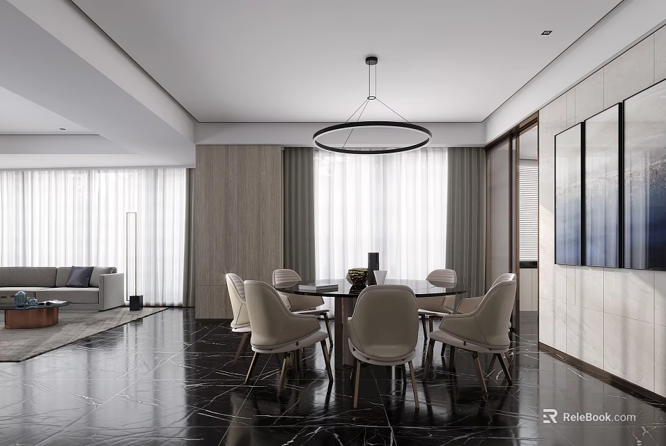 Modern Dining Living Room Interior Design Featuring Round Pendant Light Dining Table Chairs and Sofa 3d model 
