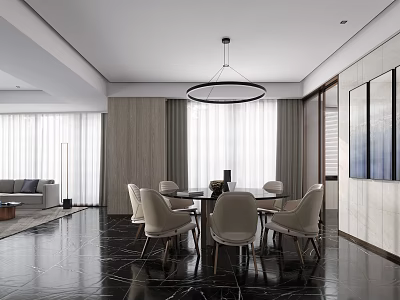 Modern Dining Living Room Interior Design Featuring Round Pendant Light Dining Table Chairs and Sofa 3d model