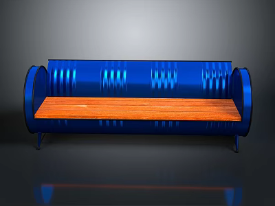 Modern Industrial Blue Bench With Curved Metal Frame And Wooden Seat 3d model