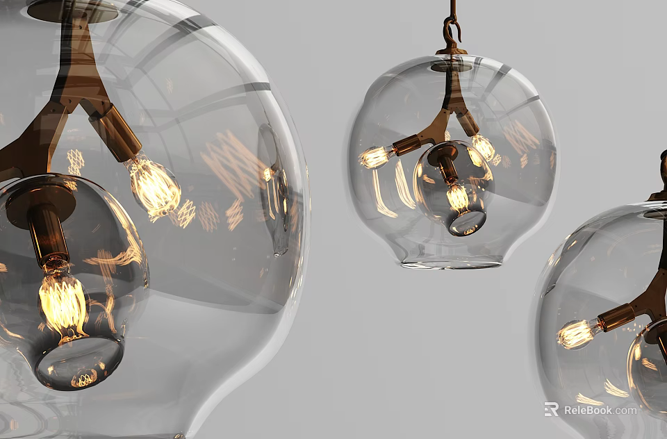 Modern Transparent Glass Spherical Pendant Lights With Metal Frame And Illuminated Bulbs 3d model 