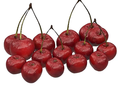 Fresh Ripe Red Juicy Cherries With Green Stems And Glossy Surface 3d model