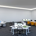 Modern Office Desk Setup With White Tables Orange Chairs And Computer Monitors