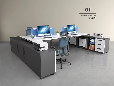 Modern Office Desk Setup With Two Computer Monitors Office Supplies And Filing Cabinets 3d model
