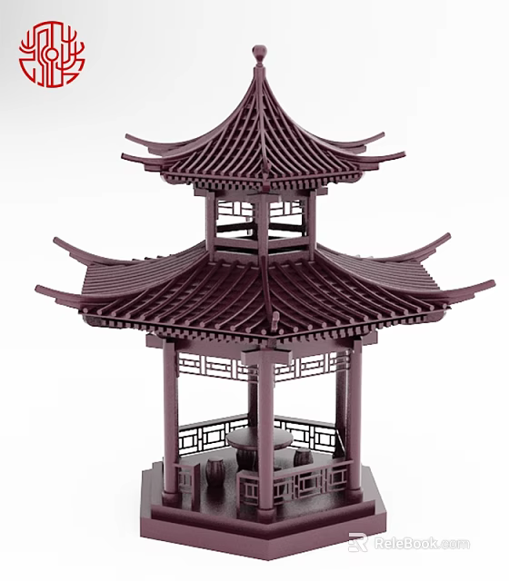 Traditional Chinese Two Story Pavilion With Curved Roof Eaves And Wooden Carved Railings 3d model 