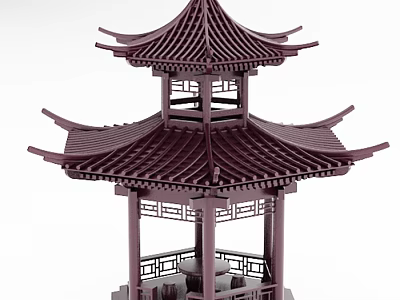 Traditional Chinese Two Story Pavilion With Curved Roof Eaves And Wooden Carved Railings 3d model