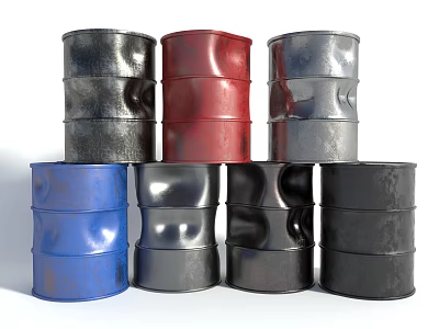 Industrial Equipment Steel Drums in Black Red Blue Stacked Together 3d model