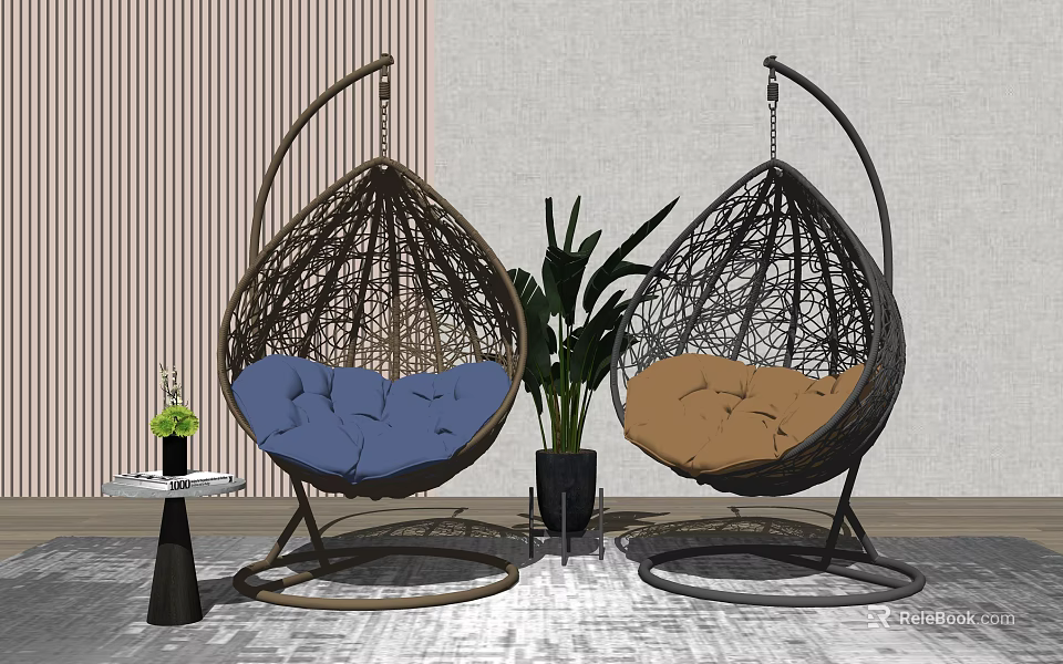 Rattan Hanging Chairs With Blue And Brown Cushions And Green Plant Indoor 3d model 