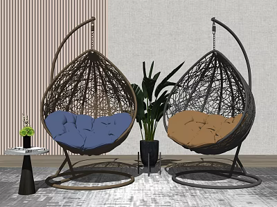 Rattan Hanging Chairs With Blue And Brown Cushions And Green Plant Indoor 3d model