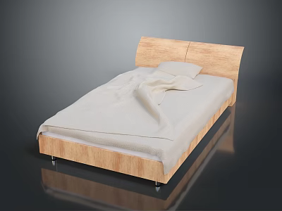 Modern Minimalist Double Bed With Wooden Headboard Light Colored Sheets And Metal Legs 3d model