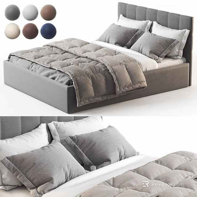 Gray Bed Frame With Gray White Pillows And Comforter Color Options Beige Brown Navy Blue 3d model 