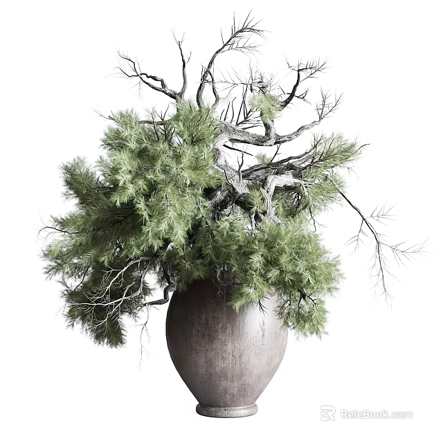 Decorative Ornament Set with Natural Pine Needles and Branches in Rustic Ceramic Vase 3d model