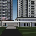 Modern High Rise Buildings With Contemporary Design Many Windows And Green Area Pool At Bottom