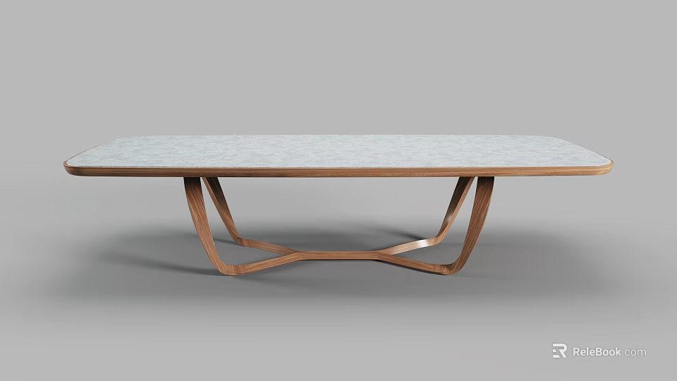 Modern Dining Table With Gray Stone Top And Wooden Geometric Crossed Legs Design 3d model 